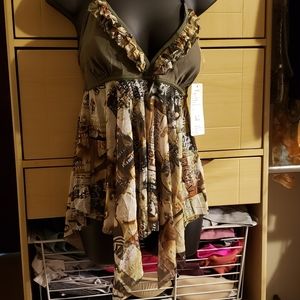 Women’s Olive Green Printed Handkerchief Hem Camisole/tankini top.